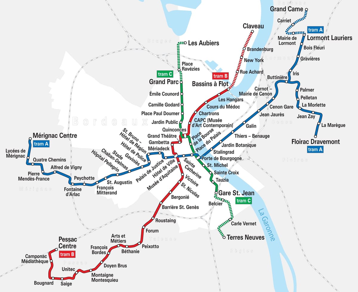 Bordeaux tramwaj trasę na mapie