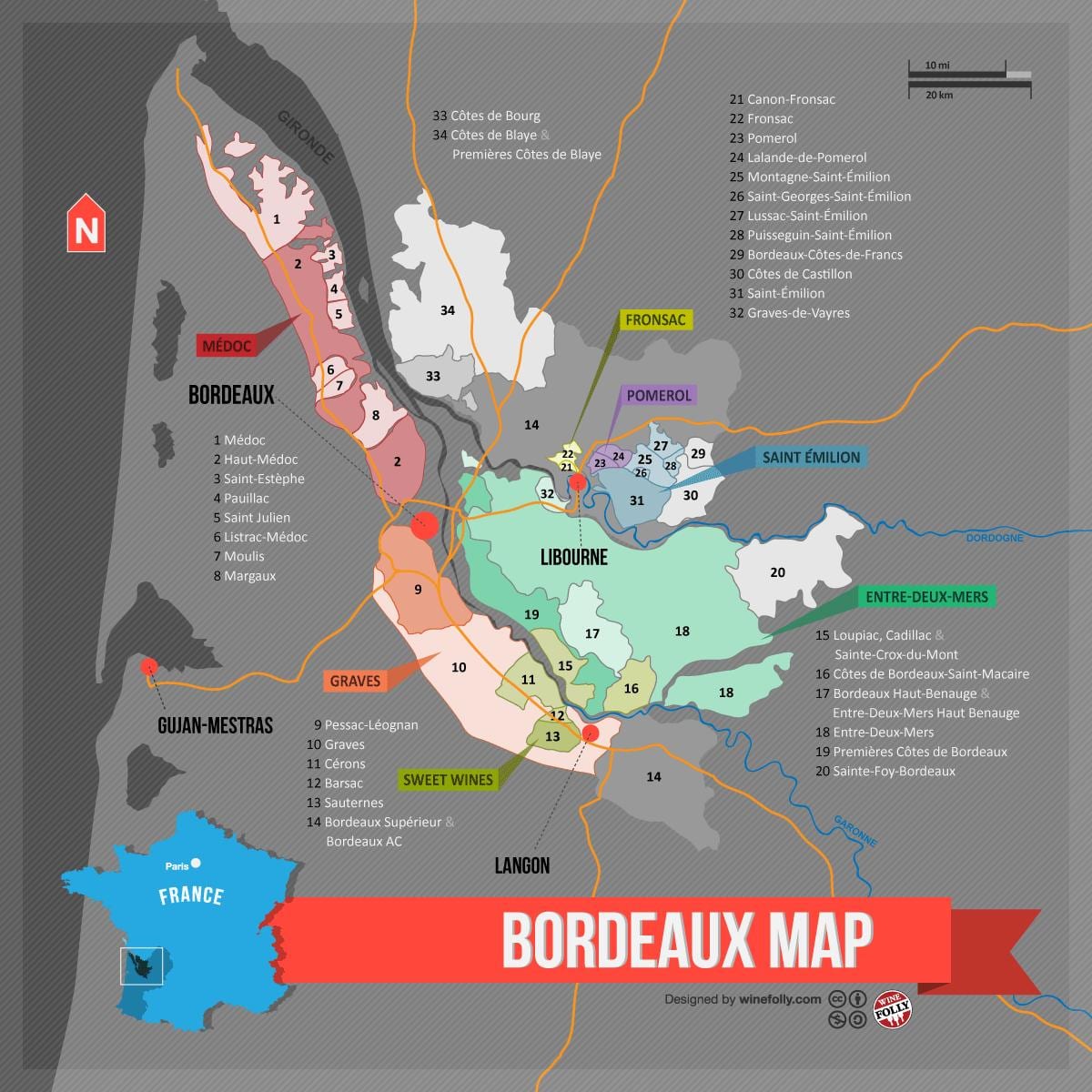 Bordeaux wino mapa kraju