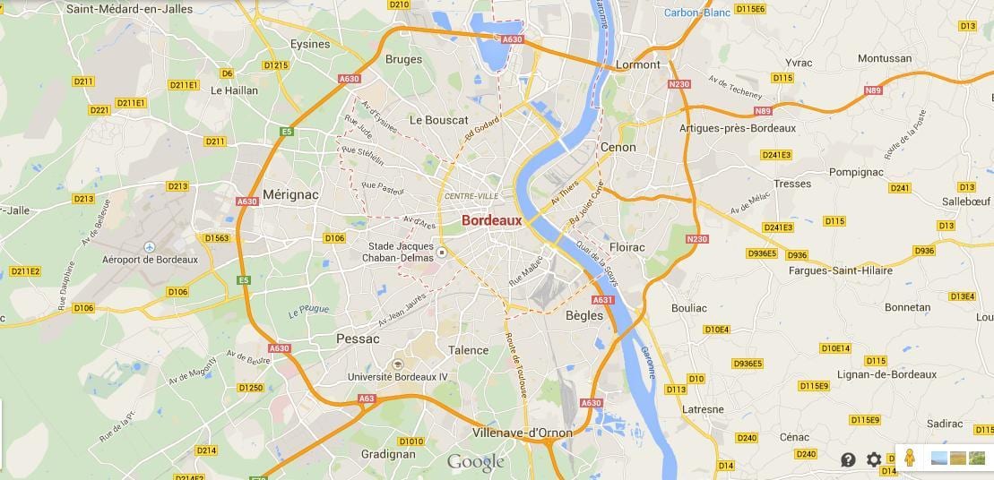 mapa okolic Bordeaux, Francja