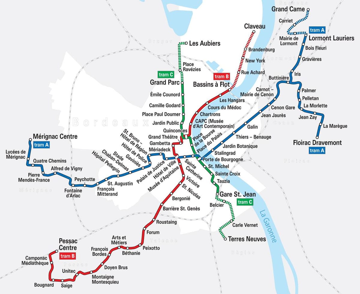 przystanek tramwajowy mapa Bordeaux, Francja